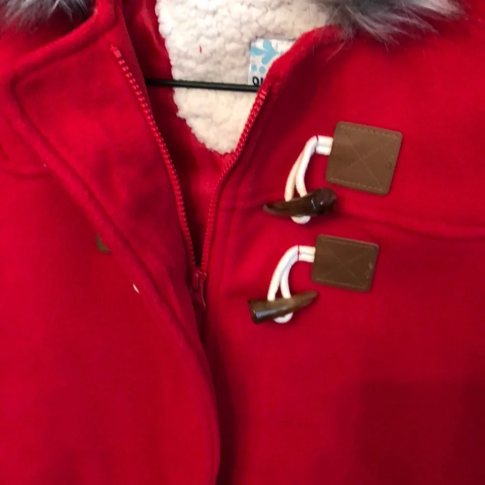 Old Navy Fleece Hooded Jacket Faux Fur Toggle in Red Size Large 10 - 12